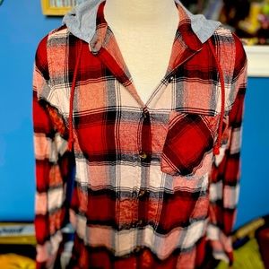 Mudd Plaid Striped Button Up Gray Hood Top